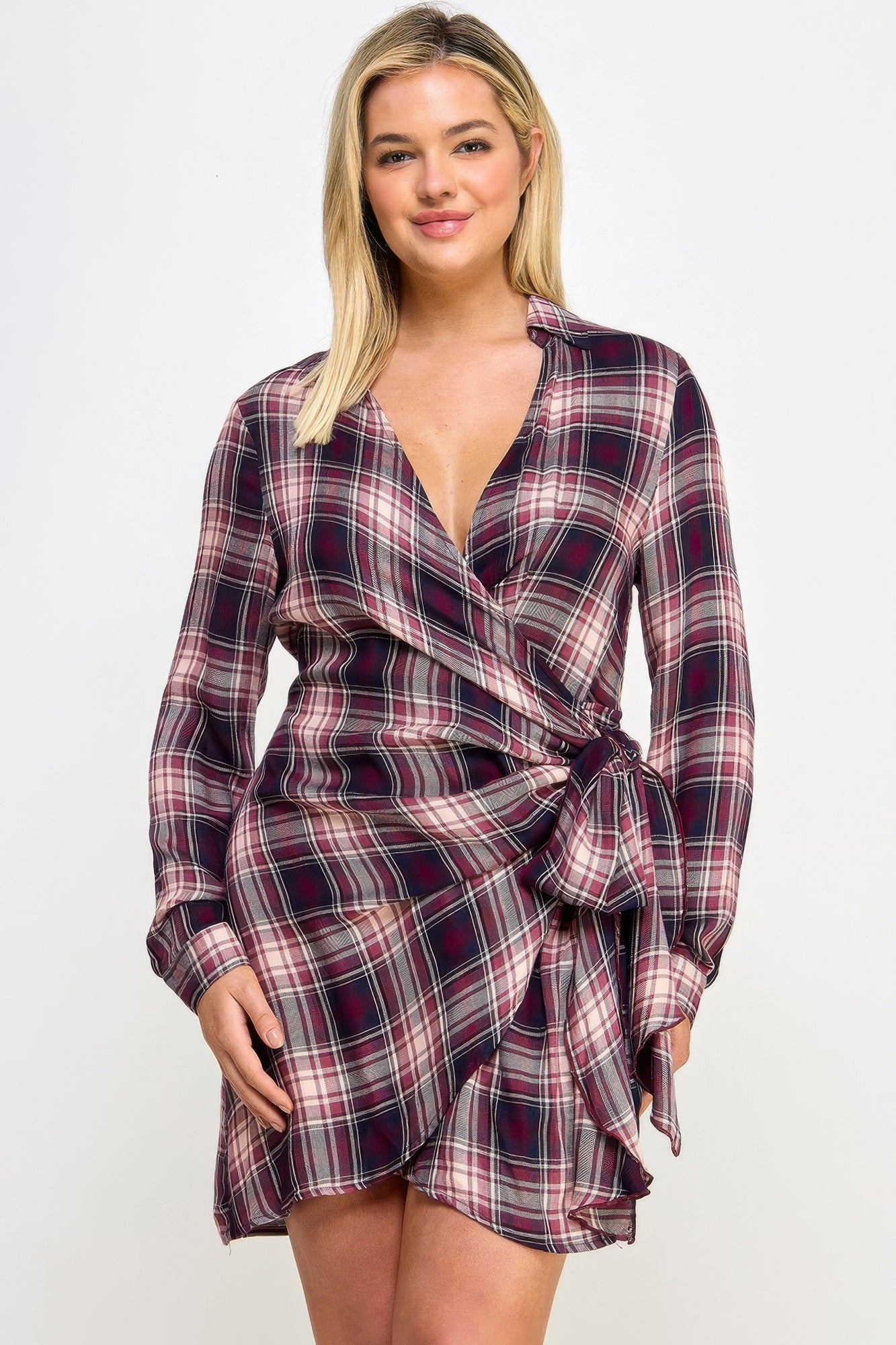Plus Size Long Sleeve Plaid Side Tie Dress - Tigbul's Variety Fashion Shop
