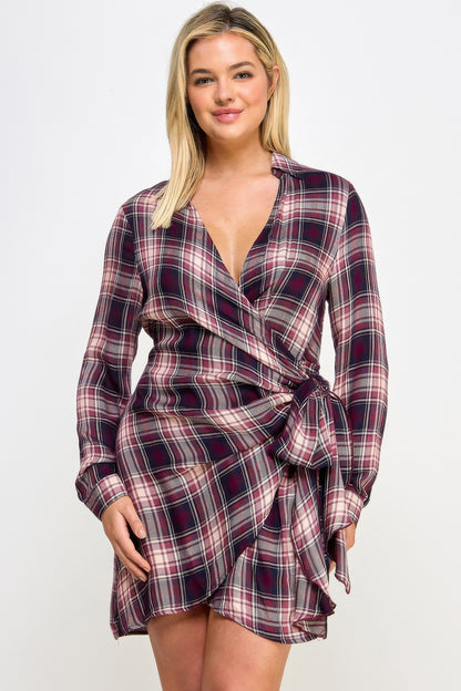 Plus Size Long Sleeve Plaid Side Tie Dress - Tigbul's Variety Fashion Shop