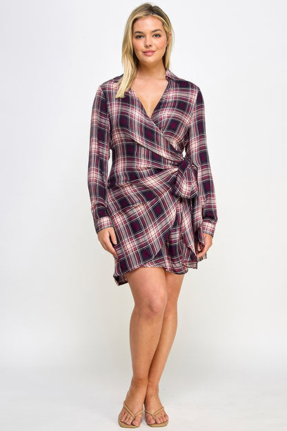 Plus Size Long Sleeve Plaid Side Tie Dress - Tigbul's Variety Fashion Shop