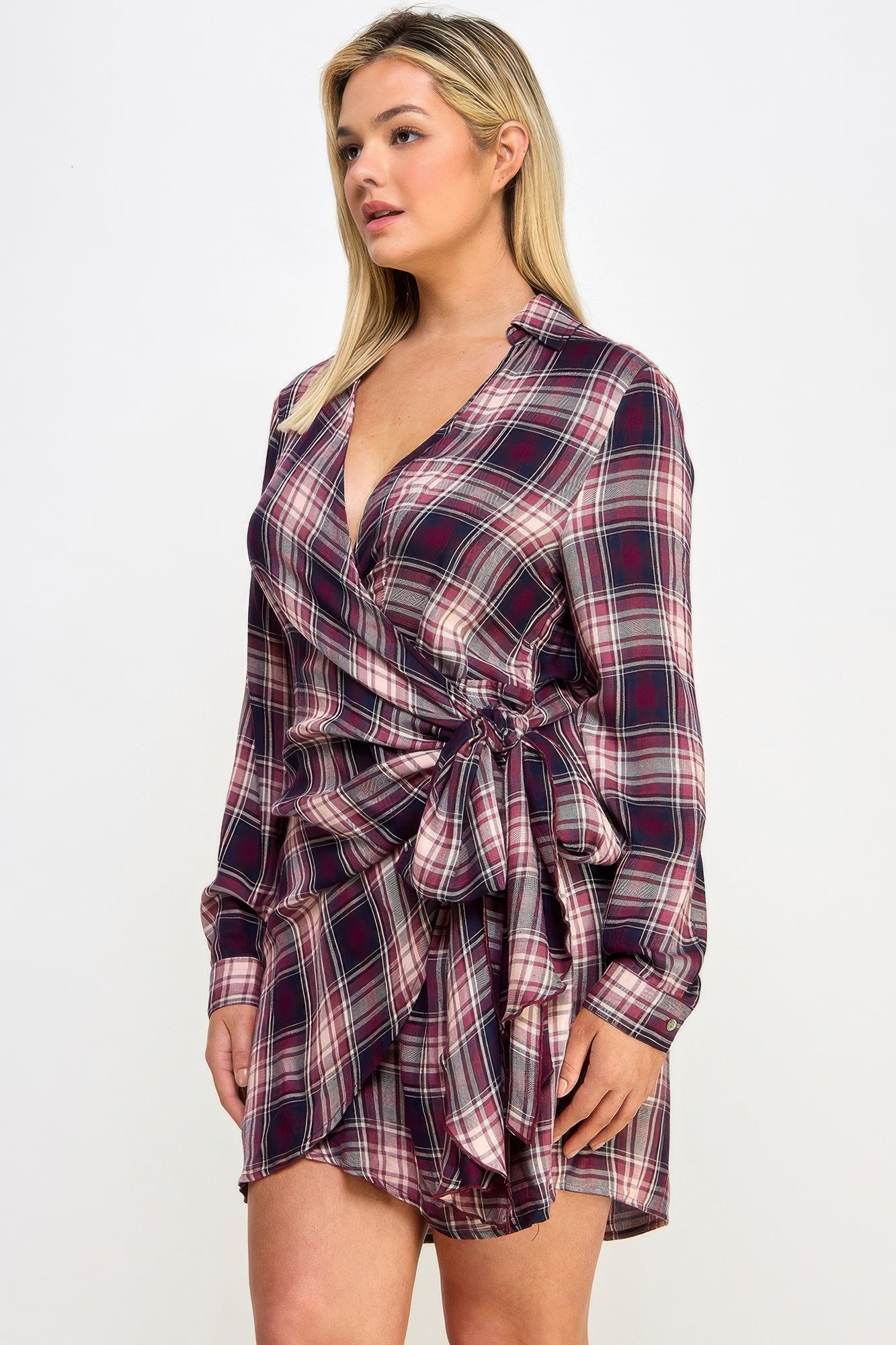Plus Size Long Sleeve Plaid Side Tie Dress - Tigbul's Variety Fashion Shop