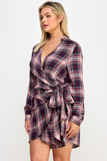 Plus Size Long Sleeve Plaid Side Tie Dress - Tigbul's Variety Fashion Shop