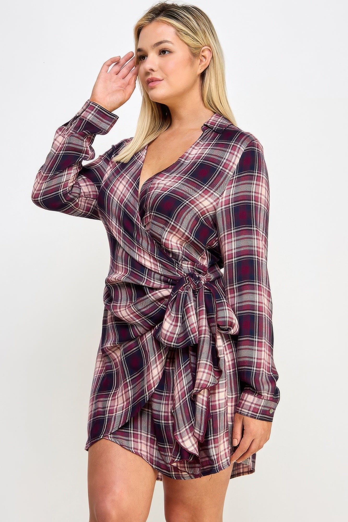 Plus Size Long Sleeve Plaid Side Tie Dress - Tigbul's Variety Fashion Shop