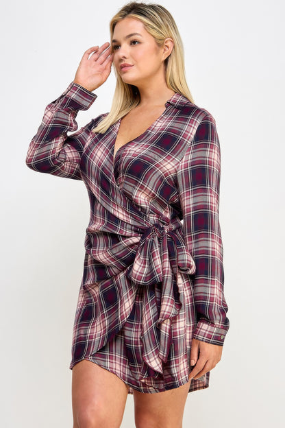 Plus Size Long Sleeve Plaid Side Tie Dress - Tigbul's Variety Fashion Shop