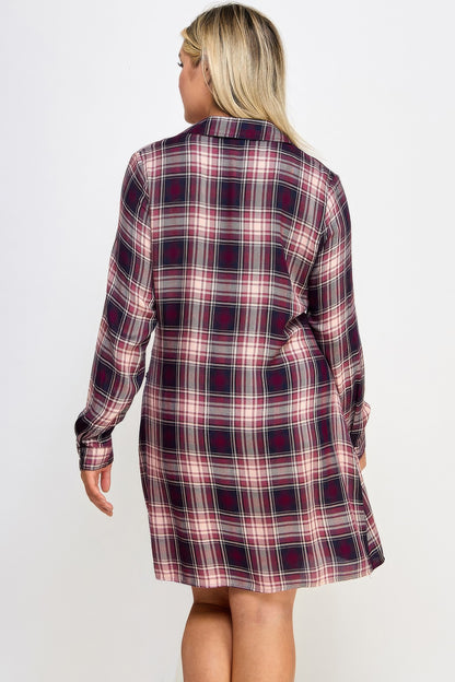 Plus Size Long Sleeve Plaid Side Tie Dress - Tigbul's Variety Fashion Shop