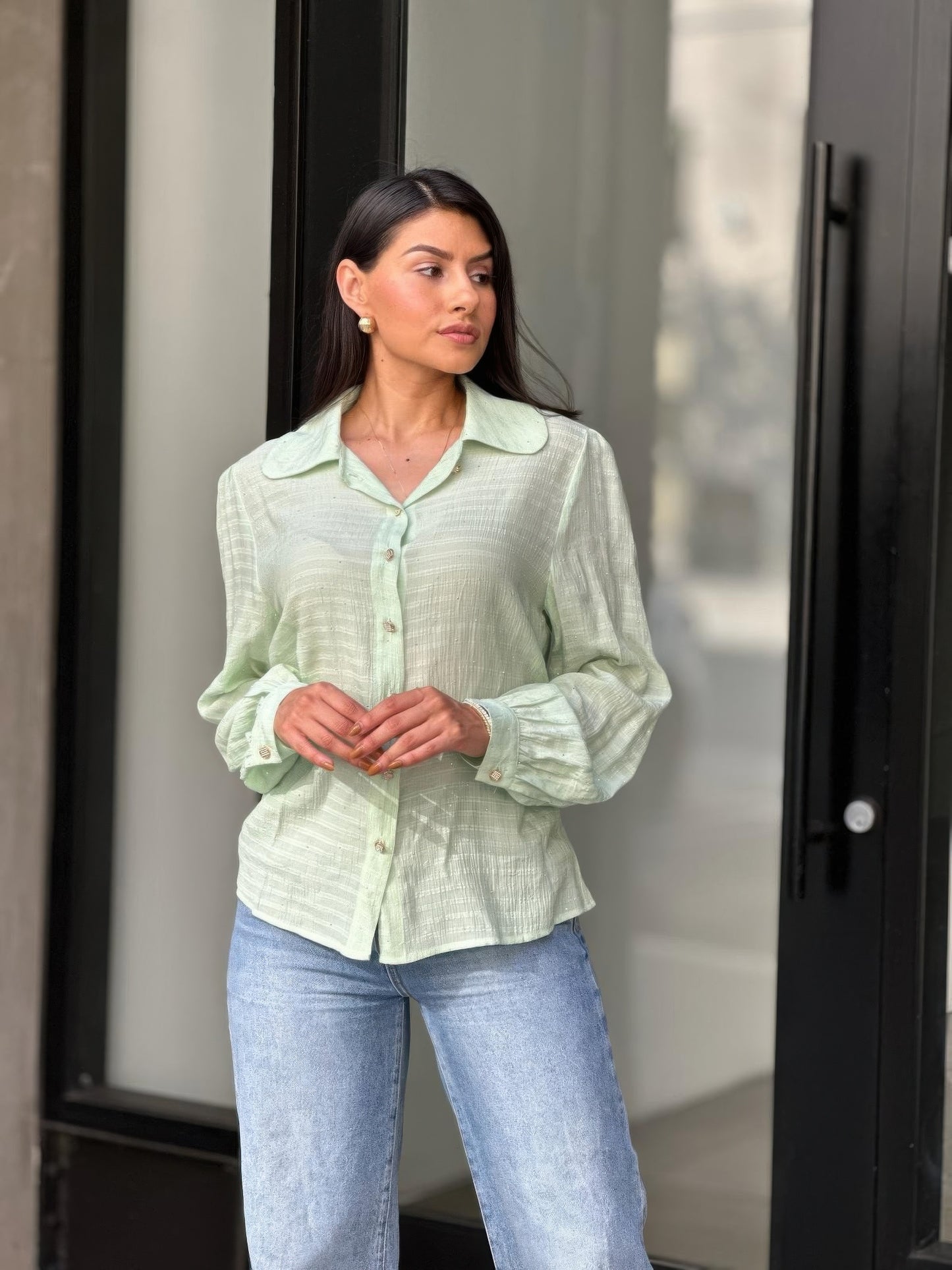 Collar Button Down Rhine Stone Detail Blouse - Tigbul's Variety Fashion Shop