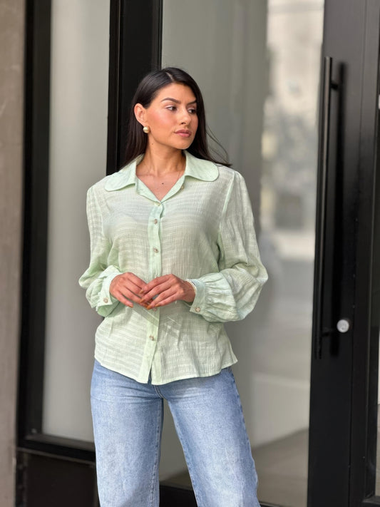 Collar Button Down Rhine Stone Detail Blouse - Tigbul's Variety Fashion Shop