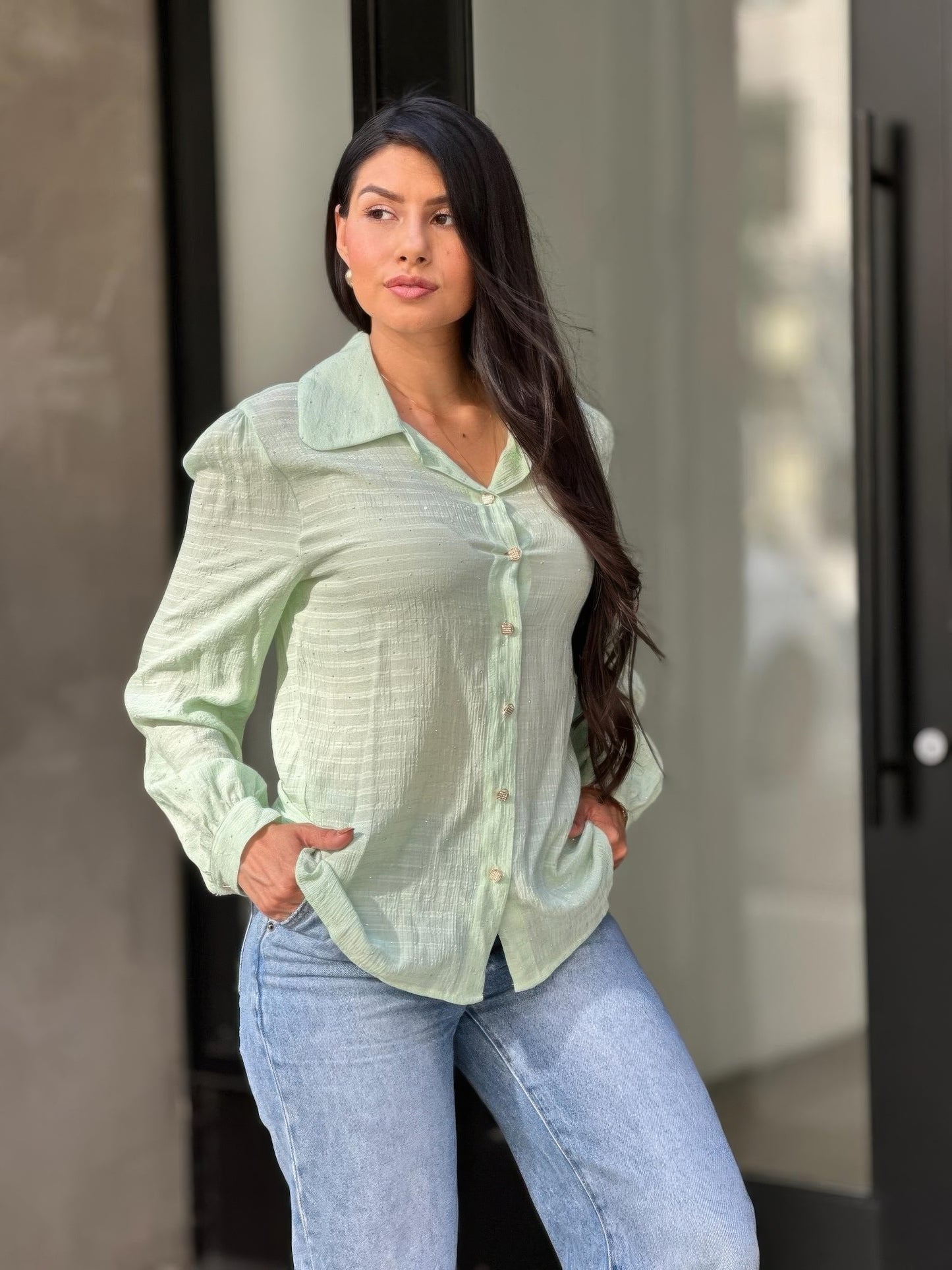 Collar Button Down Rhine Stone Detail Blouse - Tigbul's Variety Fashion Shop