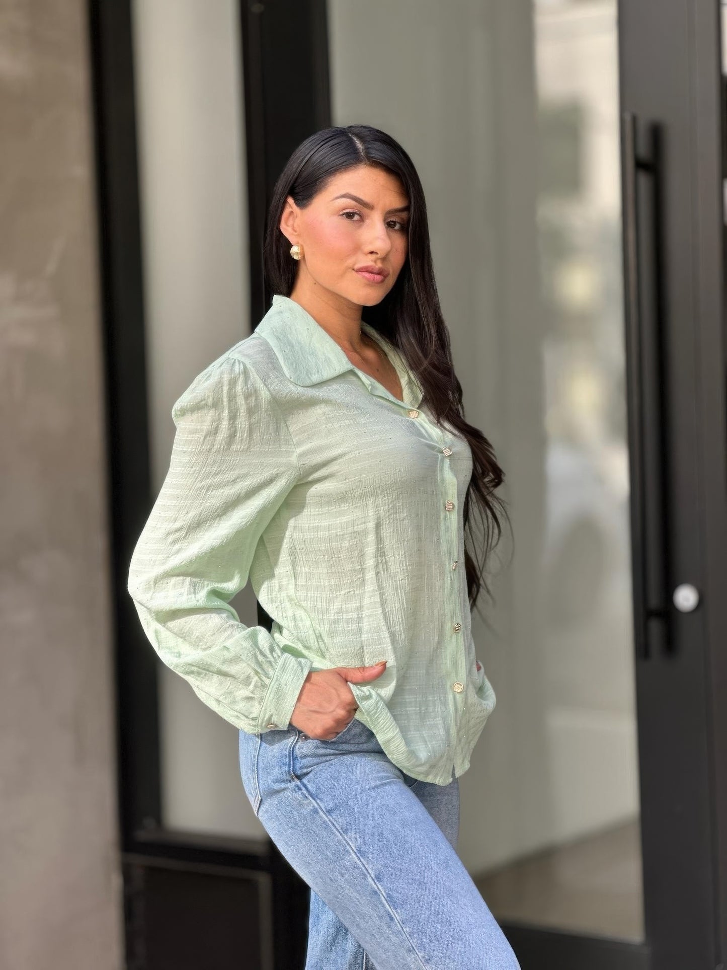 Collar Button Down Rhine Stone Detail Blouse - Tigbul's Variety Fashion Shop