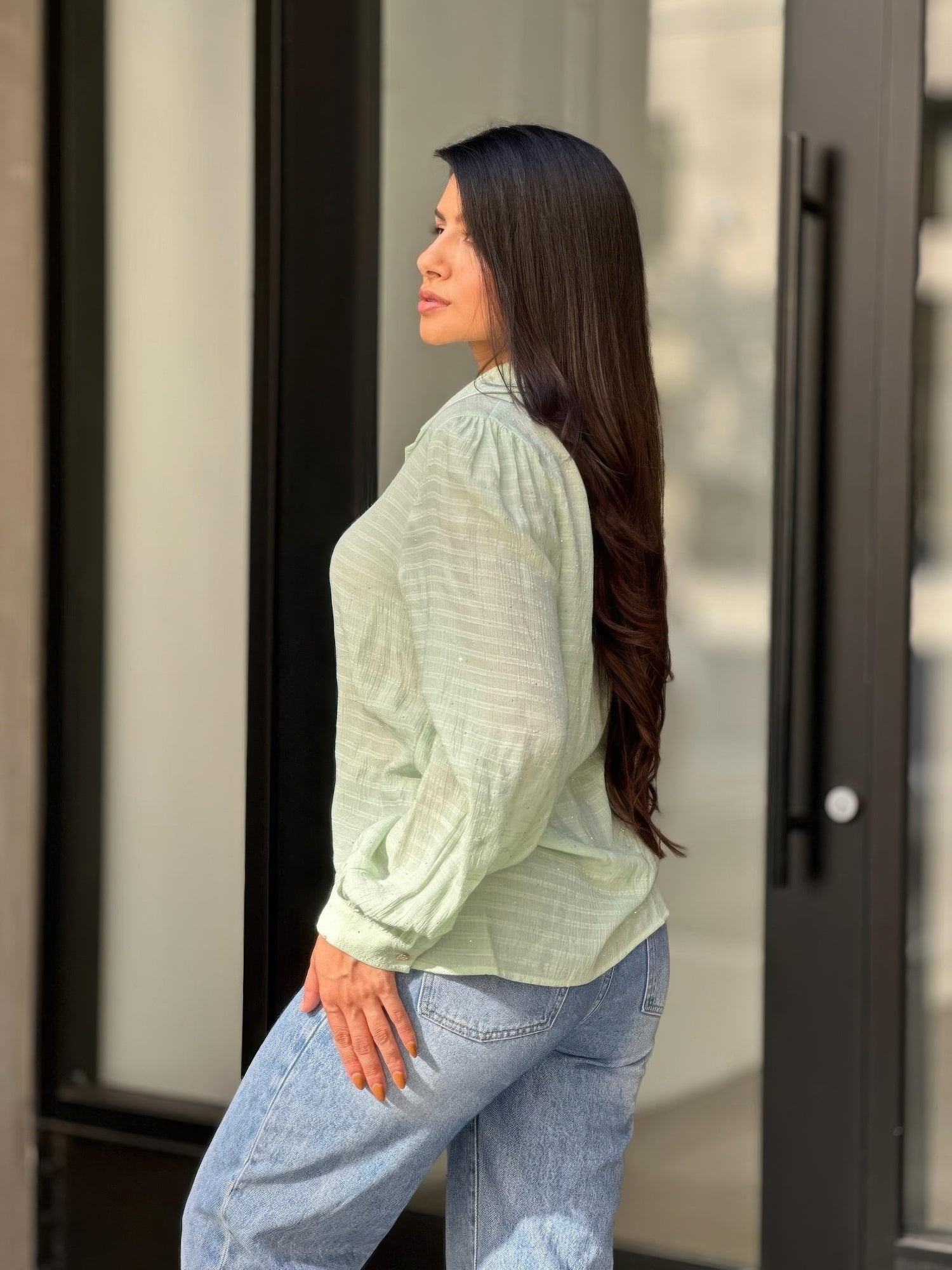 Collar Button Down Rhine Stone Detail Blouse - Tigbul's Variety Fashion Shop