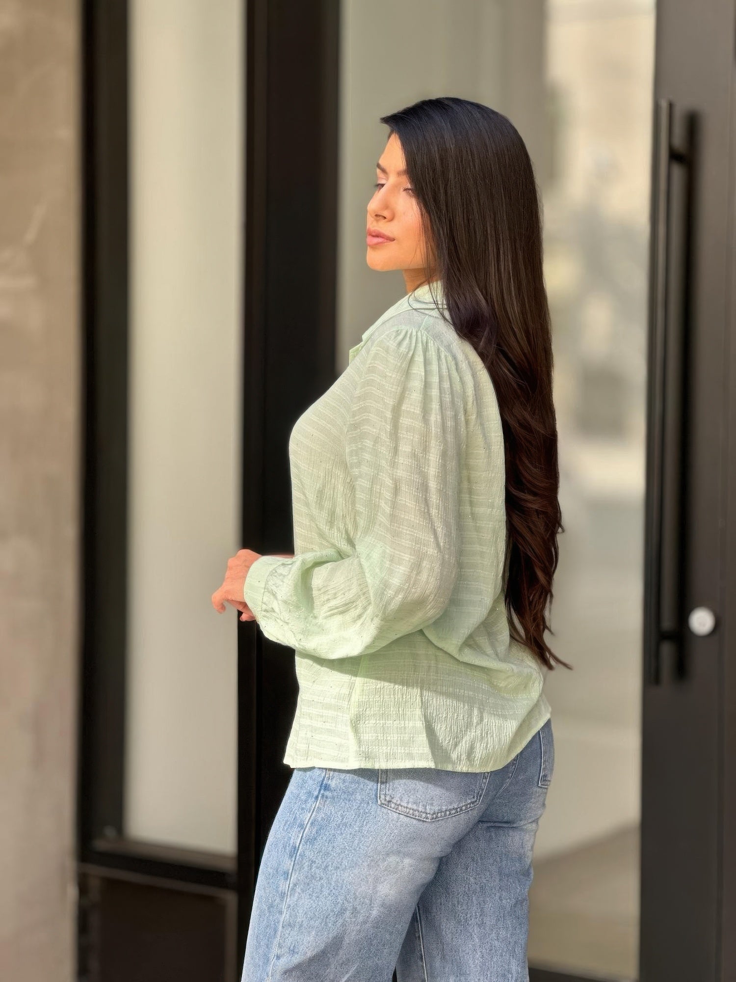 Collar Button Down Rhine Stone Detail Blouse - Tigbul's Variety Fashion Shop