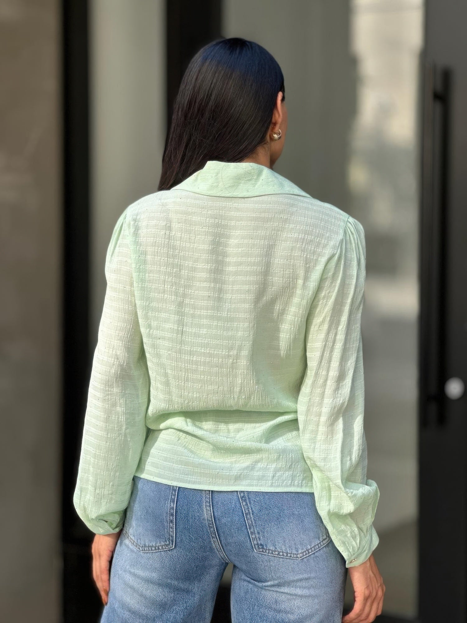 Collar Button Down Rhine Stone Detail Blouse - Tigbul's Variety Fashion Shop