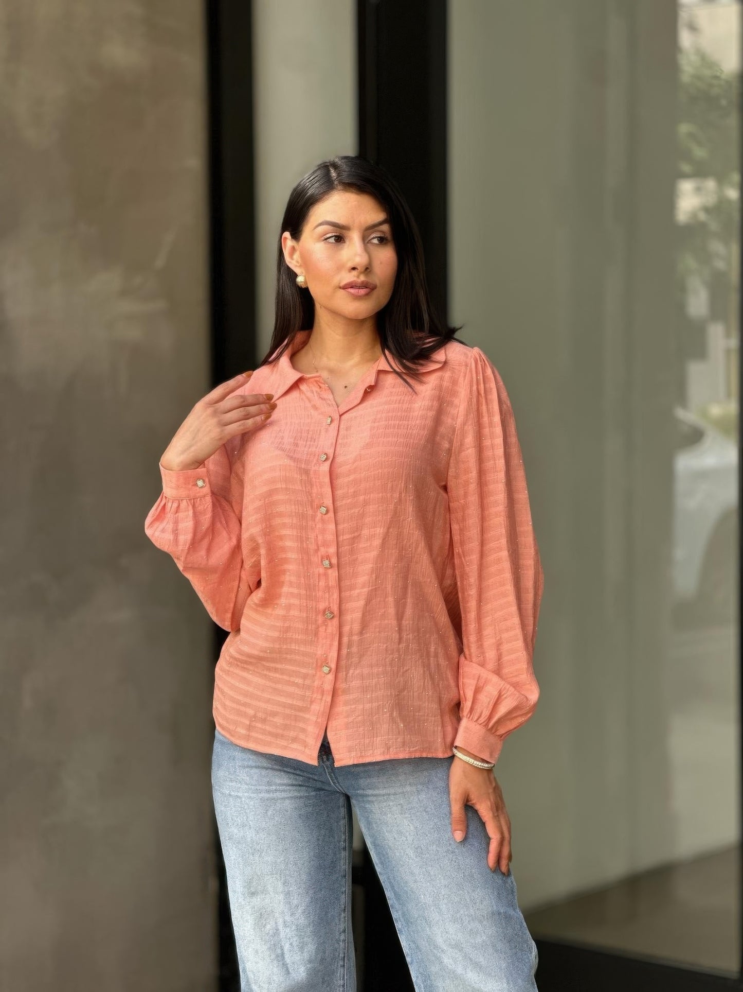 Collar Button Down Rhine Stone Detail Blouse - Tigbul's Variety Fashion Shop