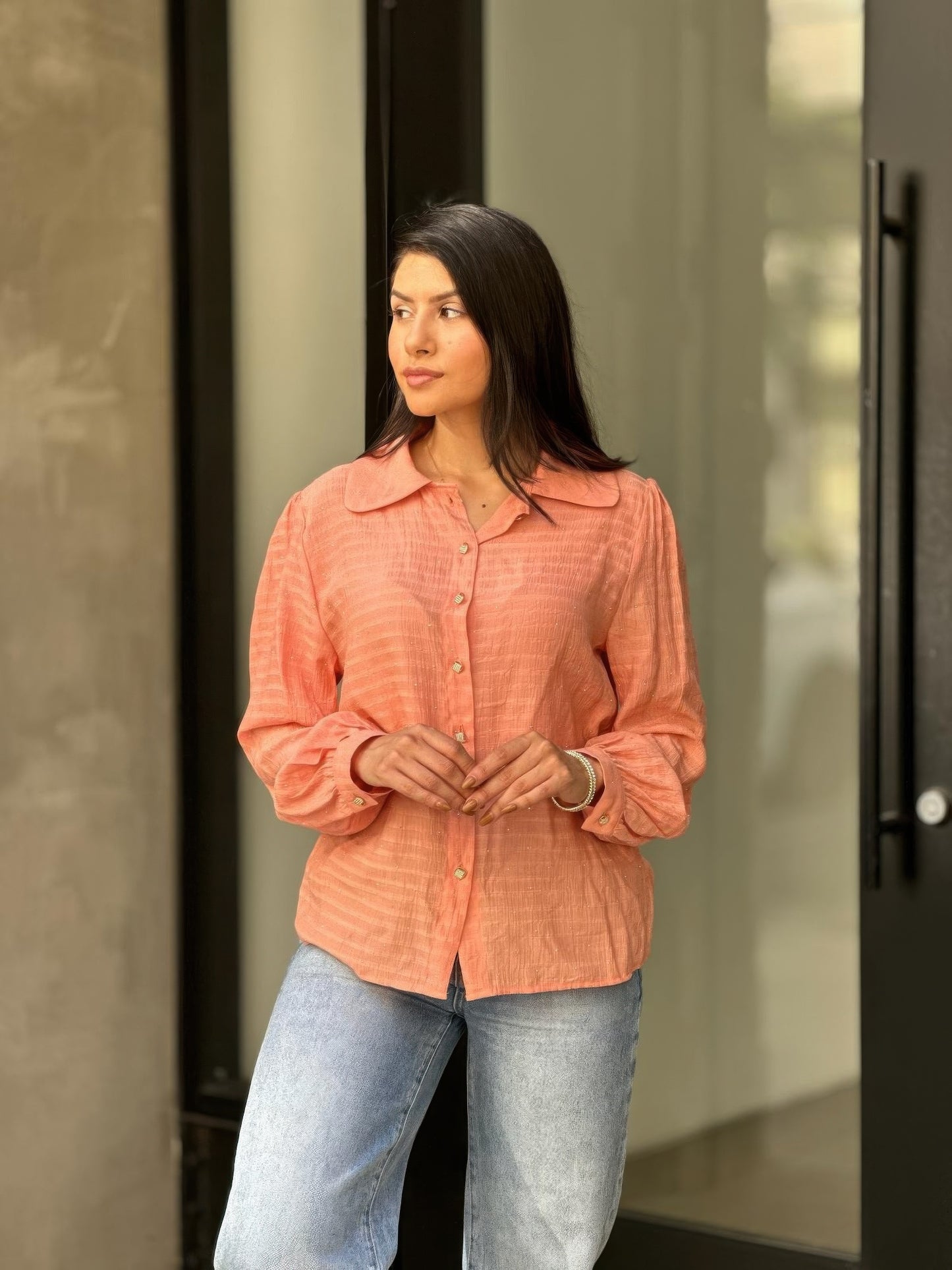 Collar Button Down Rhine Stone Detail Blouse - Tigbul's Variety Fashion Shop