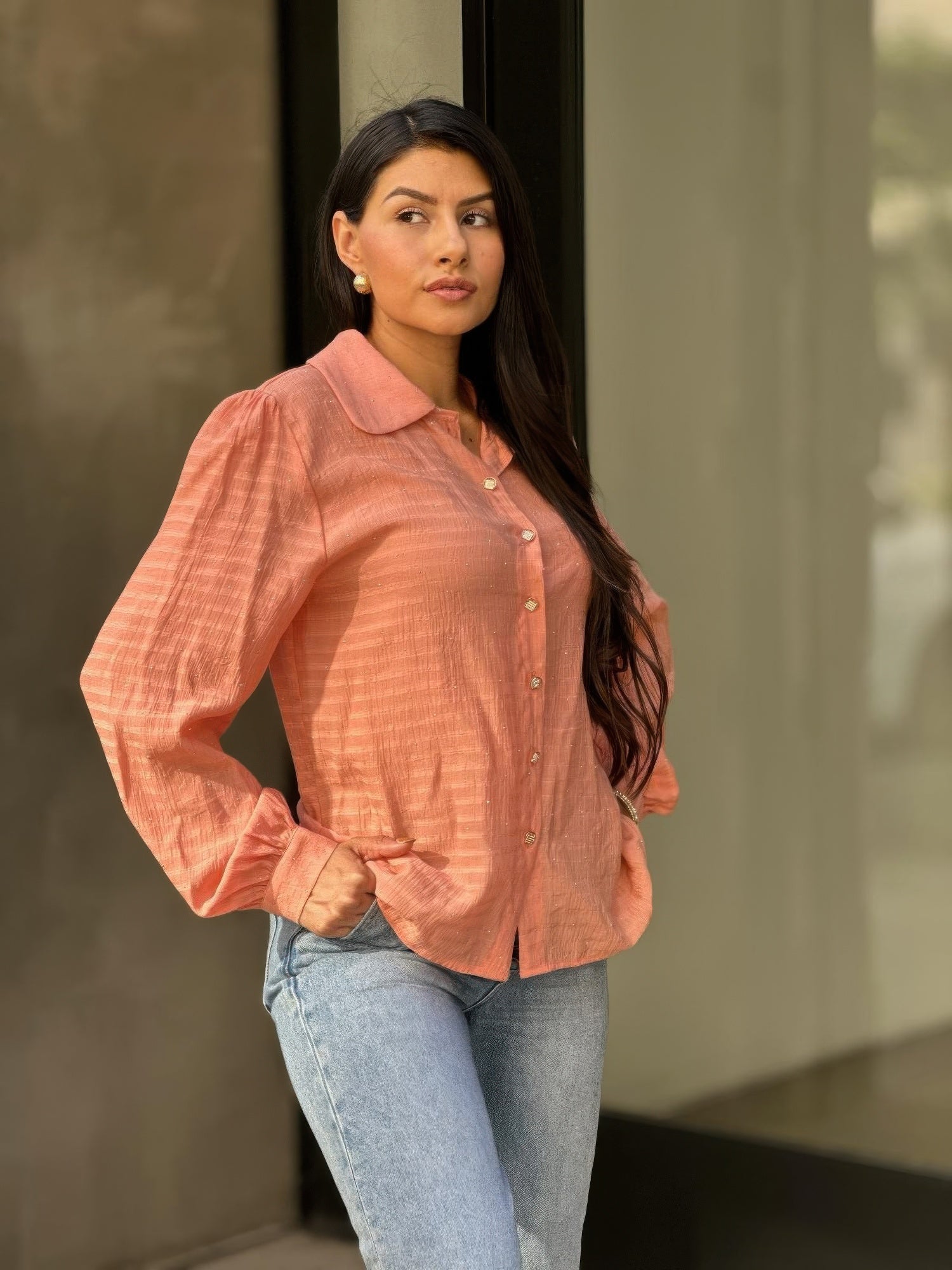 Collar Button Down Rhine Stone Detail Blouse - Tigbul's Variety Fashion Shop