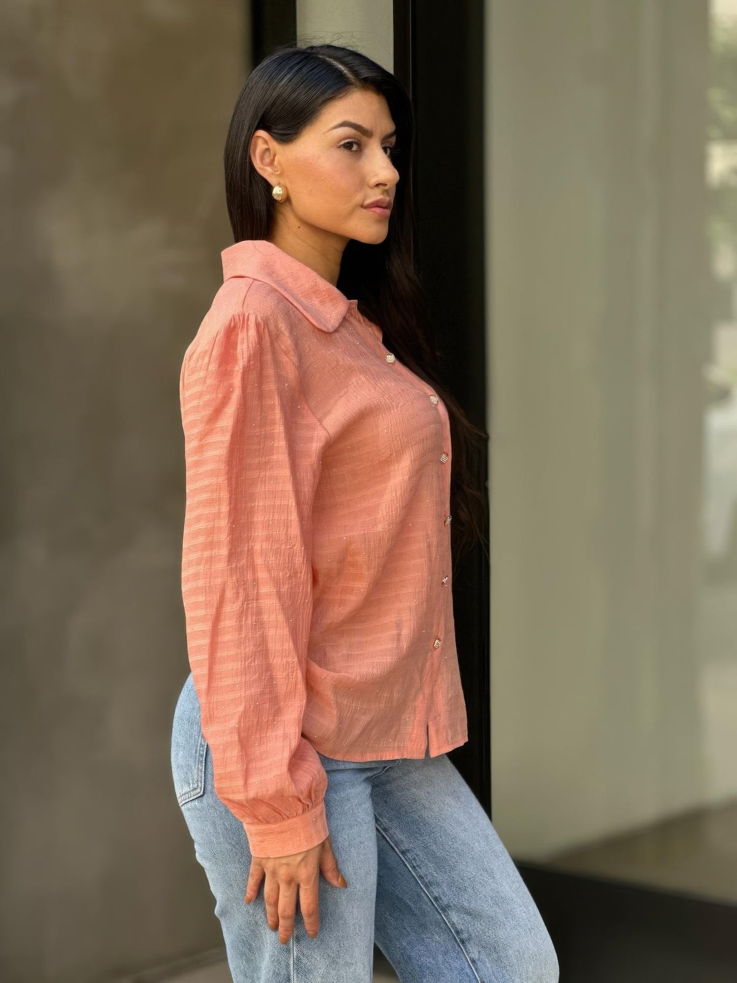 Collar Button Down Rhine Stone Detail Blouse - Tigbul's Variety Fashion Shop