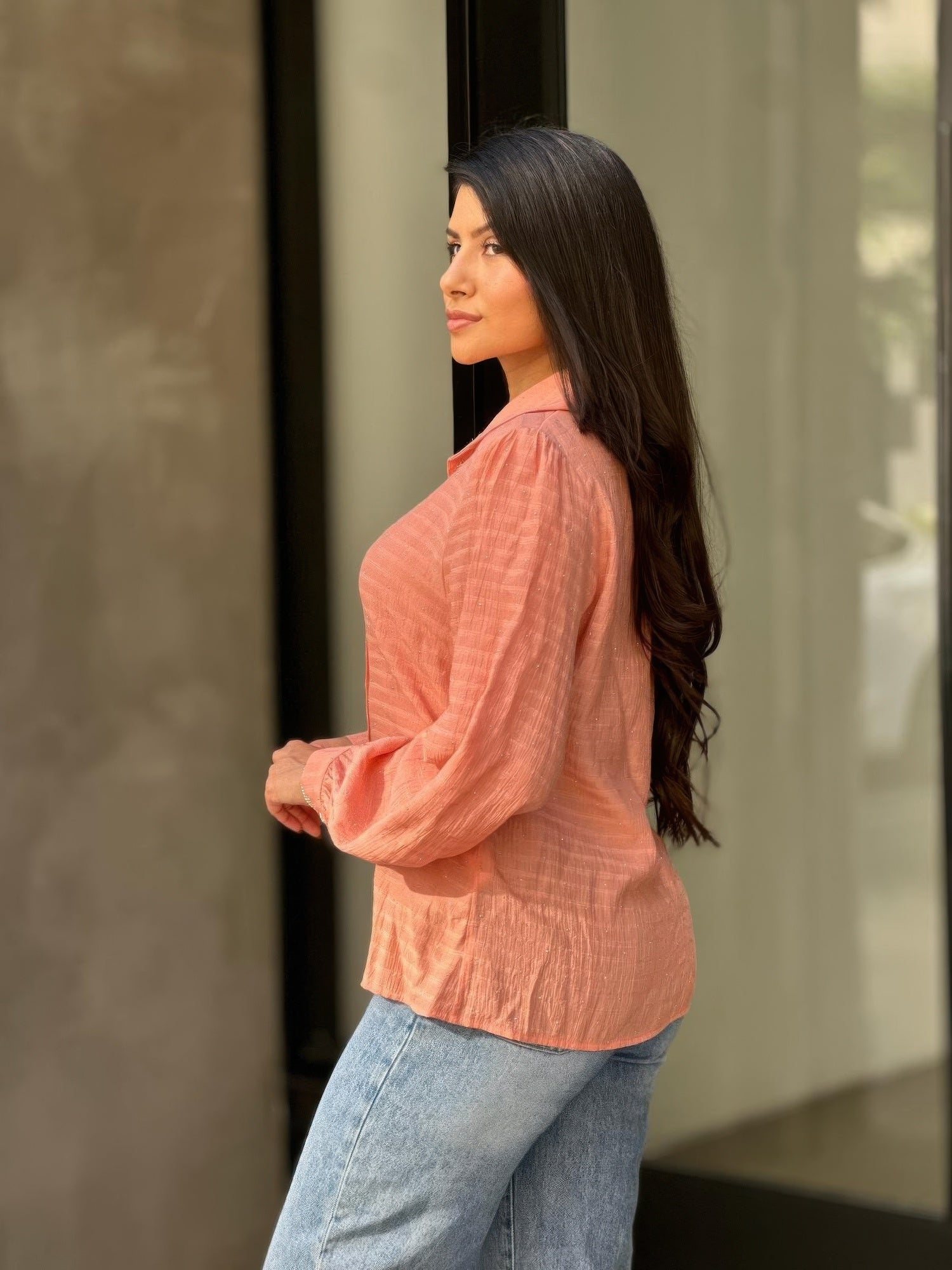 Collar Button Down Rhine Stone Detail Blouse - Tigbul's Variety Fashion Shop