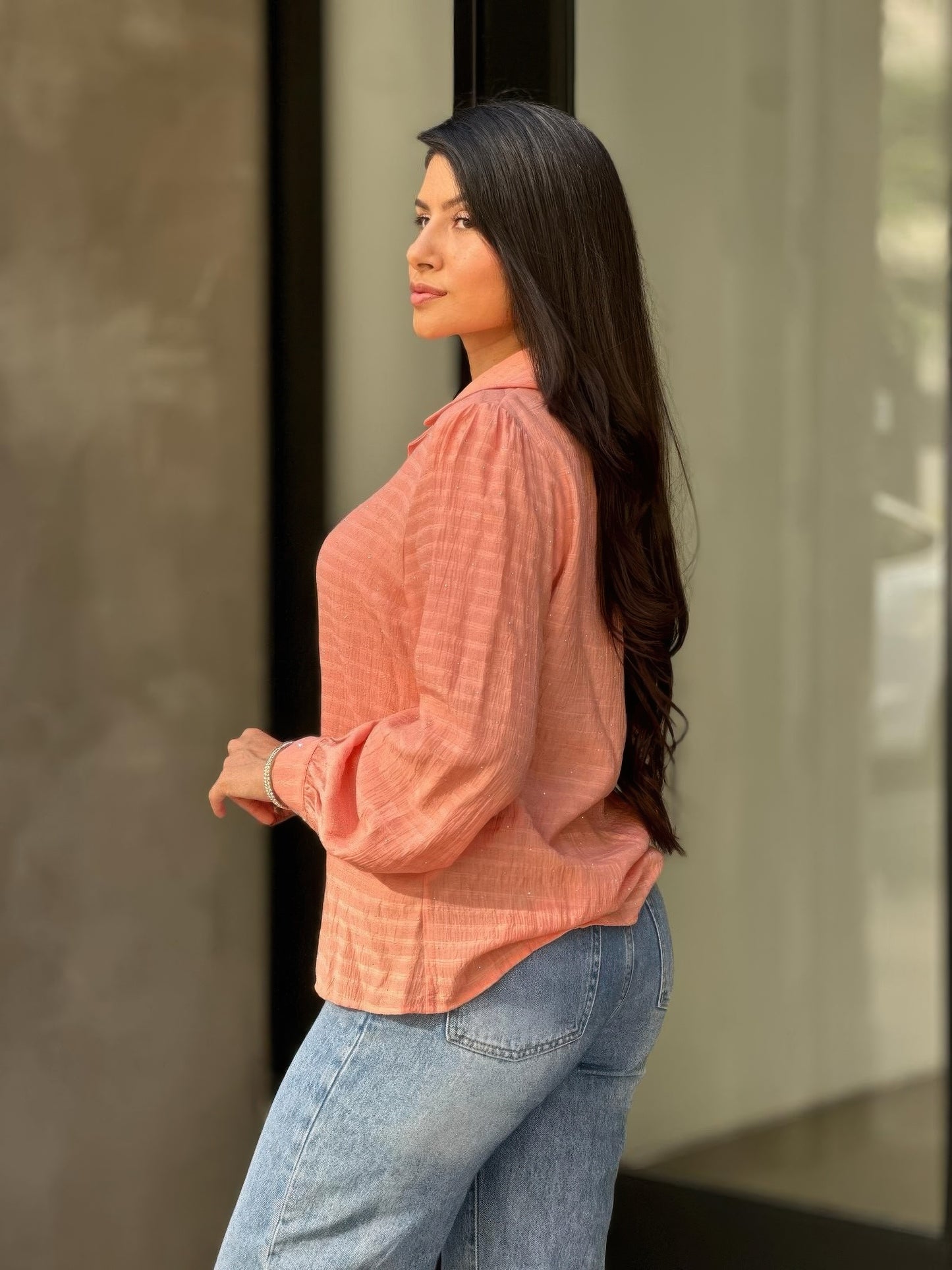 Collar Button Down Rhine Stone Detail Blouse - Tigbul's Variety Fashion Shop