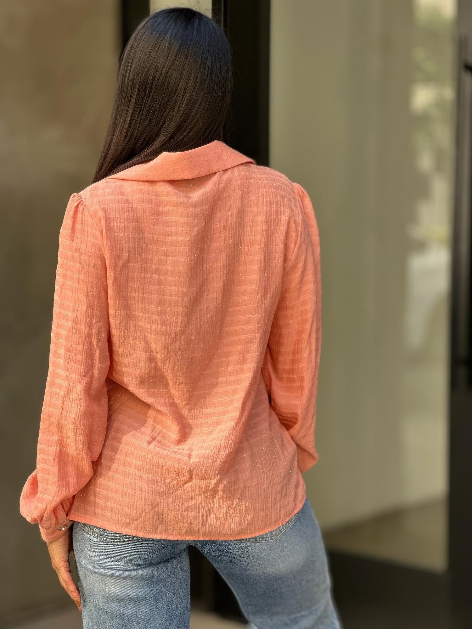 Collar Button Down Rhine Stone Detail Blouse - Tigbul's Variety Fashion Shop