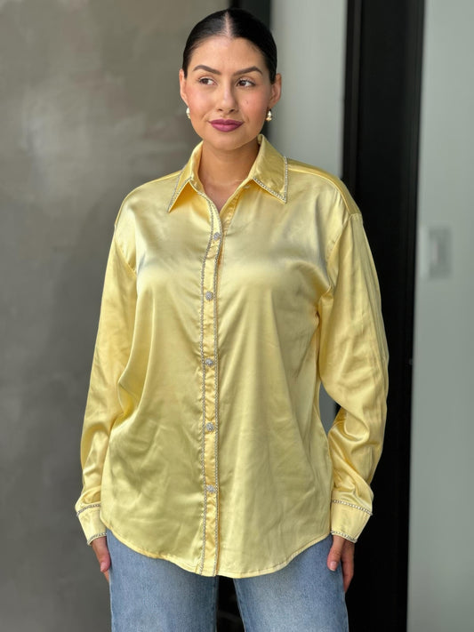 Rhinestone Diamond Lined Button Down Satin Blouse - Tigbul's Variety Fashion Shop