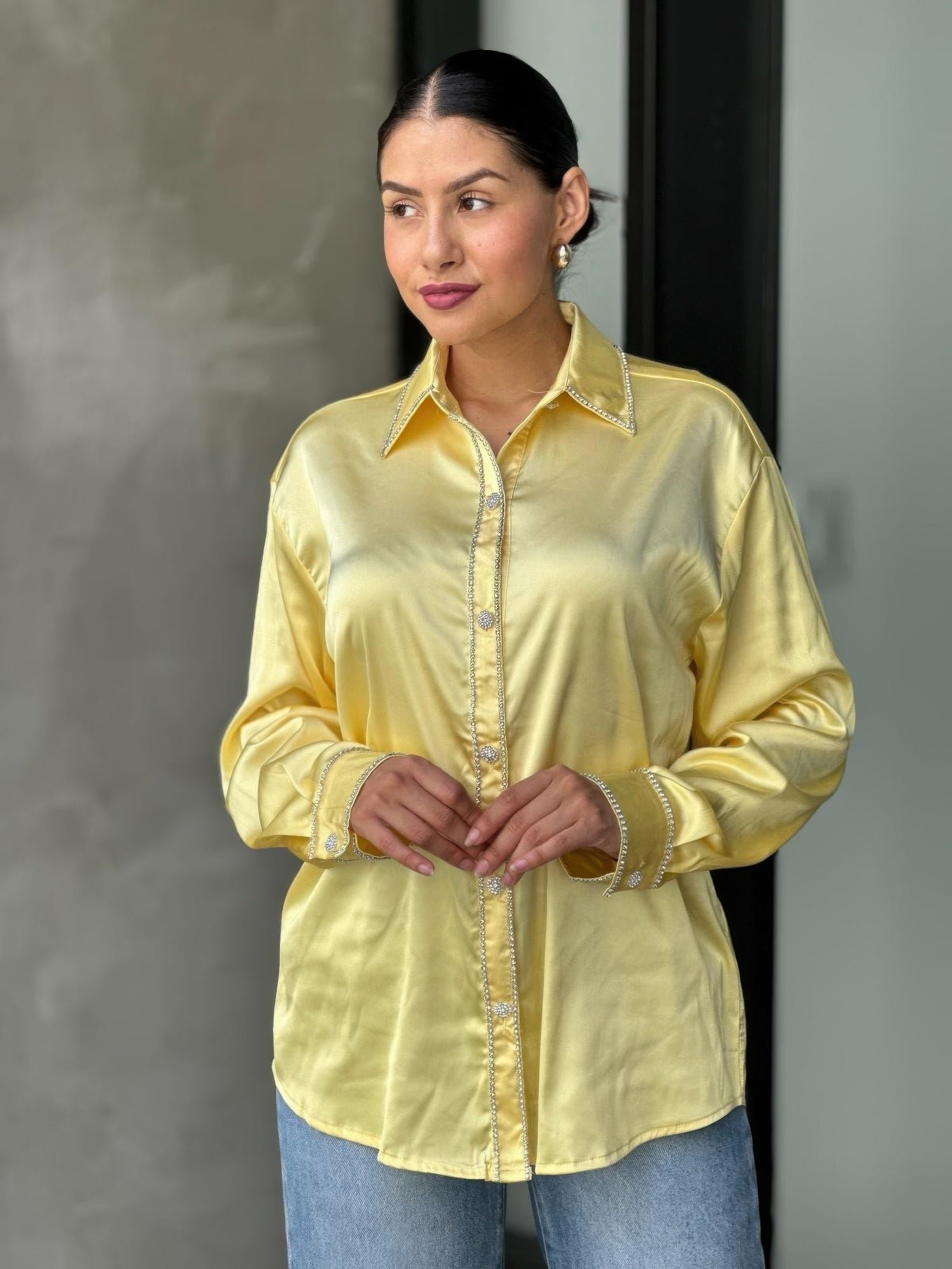 Rhinestone Diamond Lined Button Down Satin Blouse - Tigbul's Variety Fashion Shop