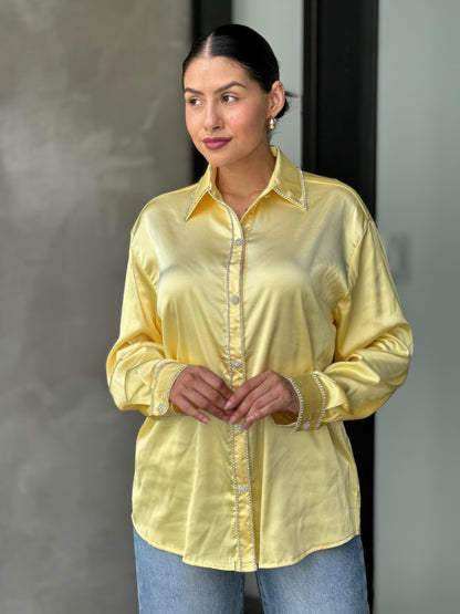 Rhinestone Diamond Lined Button Down Satin Blouse - Tigbul's Variety Fashion Shop