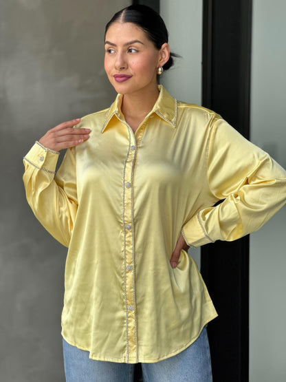 Rhinestone Diamond Lined Button Down Satin Blouse - Tigbul's Variety Fashion Shop