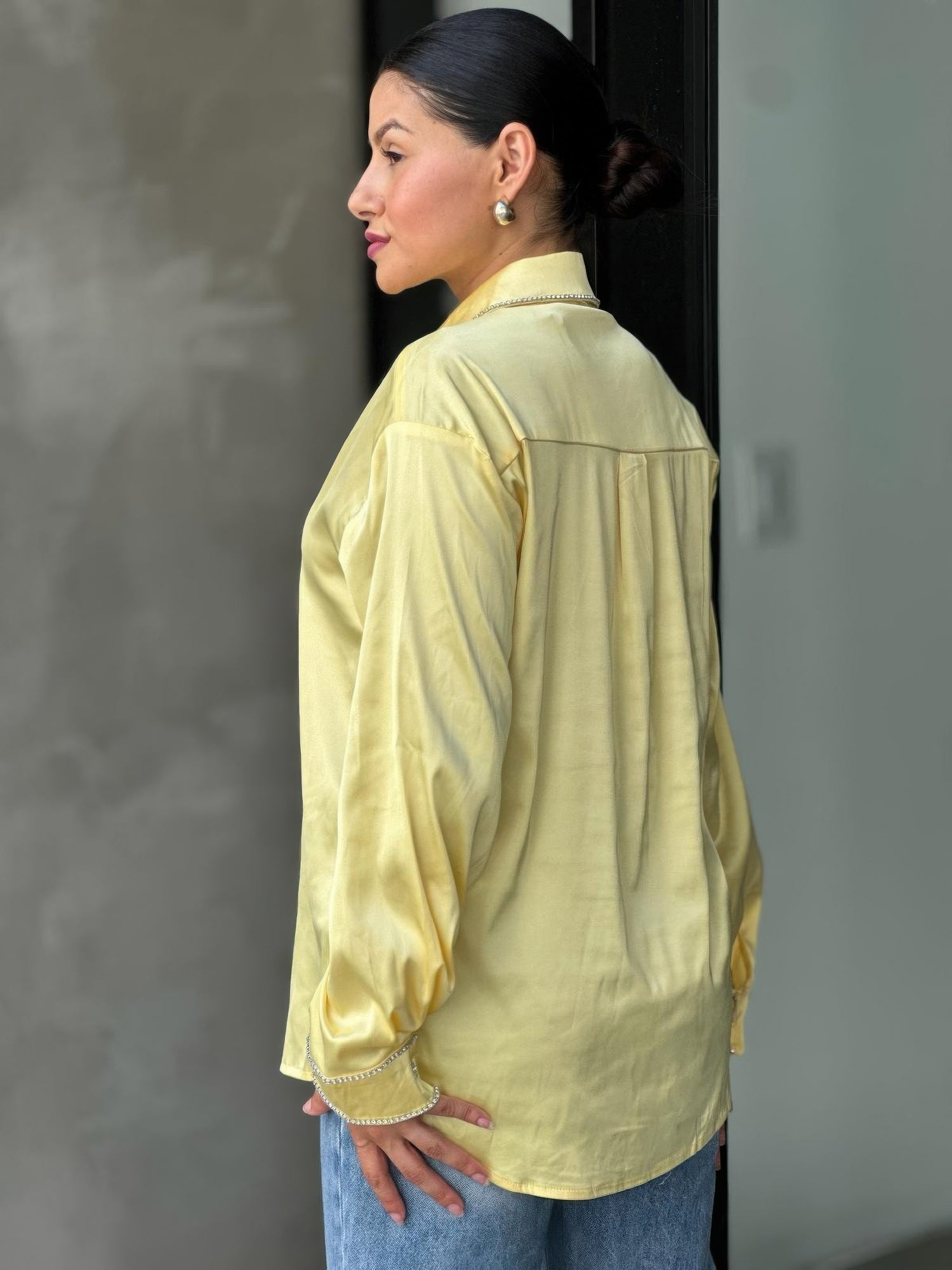 Rhinestone Diamond Lined Button Down Satin Blouse - Tigbul's Variety Fashion Shop