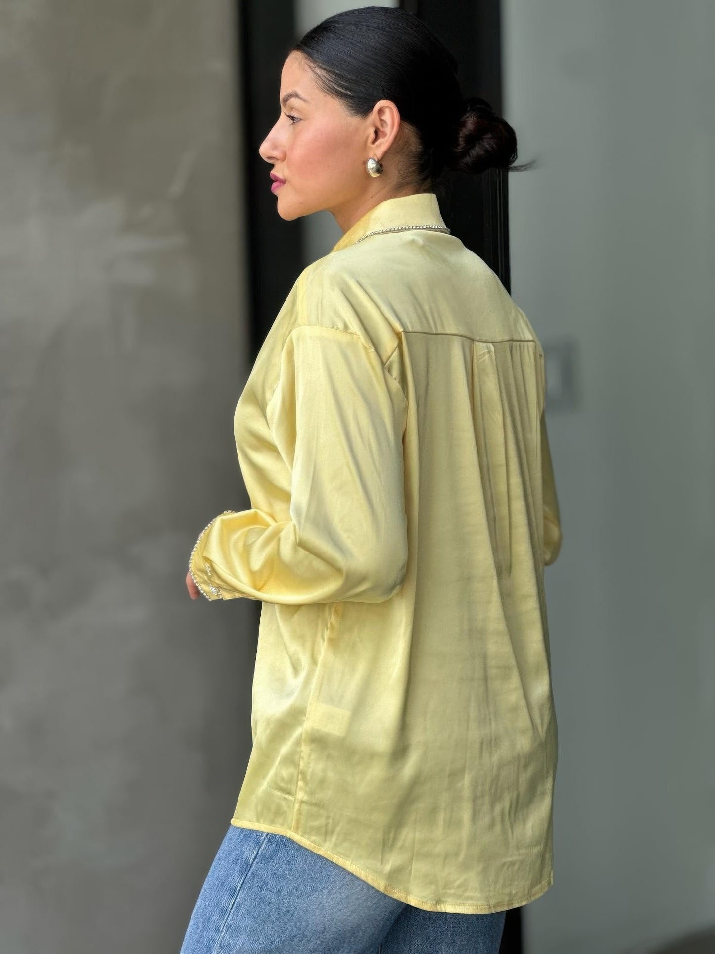 Rhinestone Diamond Lined Button Down Satin Blouse - Tigbul's Variety Fashion Shop