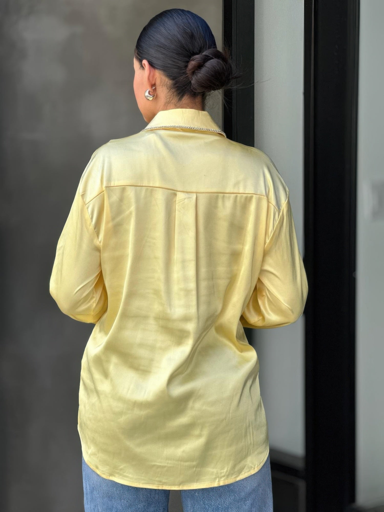 Rhinestone Diamond Lined Button Down Satin Blouse - Tigbul's Variety Fashion Shop