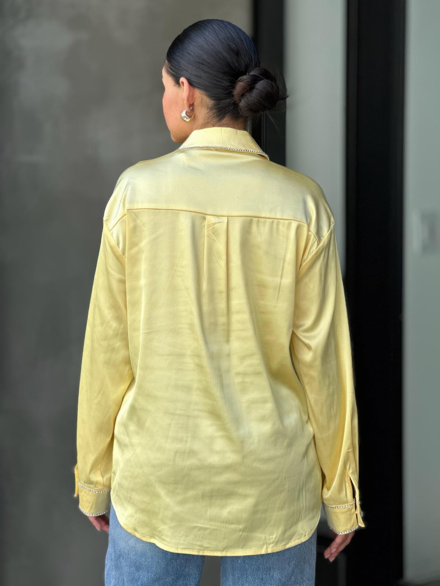 Rhinestone Diamond Lined Button Down Satin Blouse - Tigbul's Variety Fashion Shop