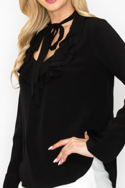 Ruffle Detail Front Tie V-neck Long Sleeve Blouse - Tigbul's Variety Fashion Shop