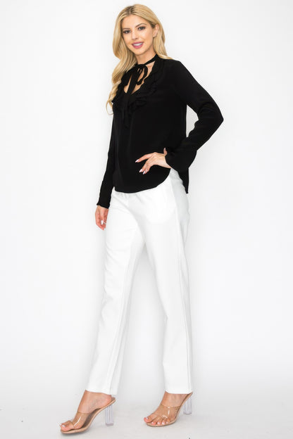 Ruffle Detail Front Tie V-neck Long Sleeve Blouse - Tigbul's Variety Fashion Shop