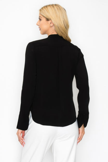 Ruffle Detail Front Tie V-neck Long Sleeve Blouse - Tigbul's Variety Fashion Shop