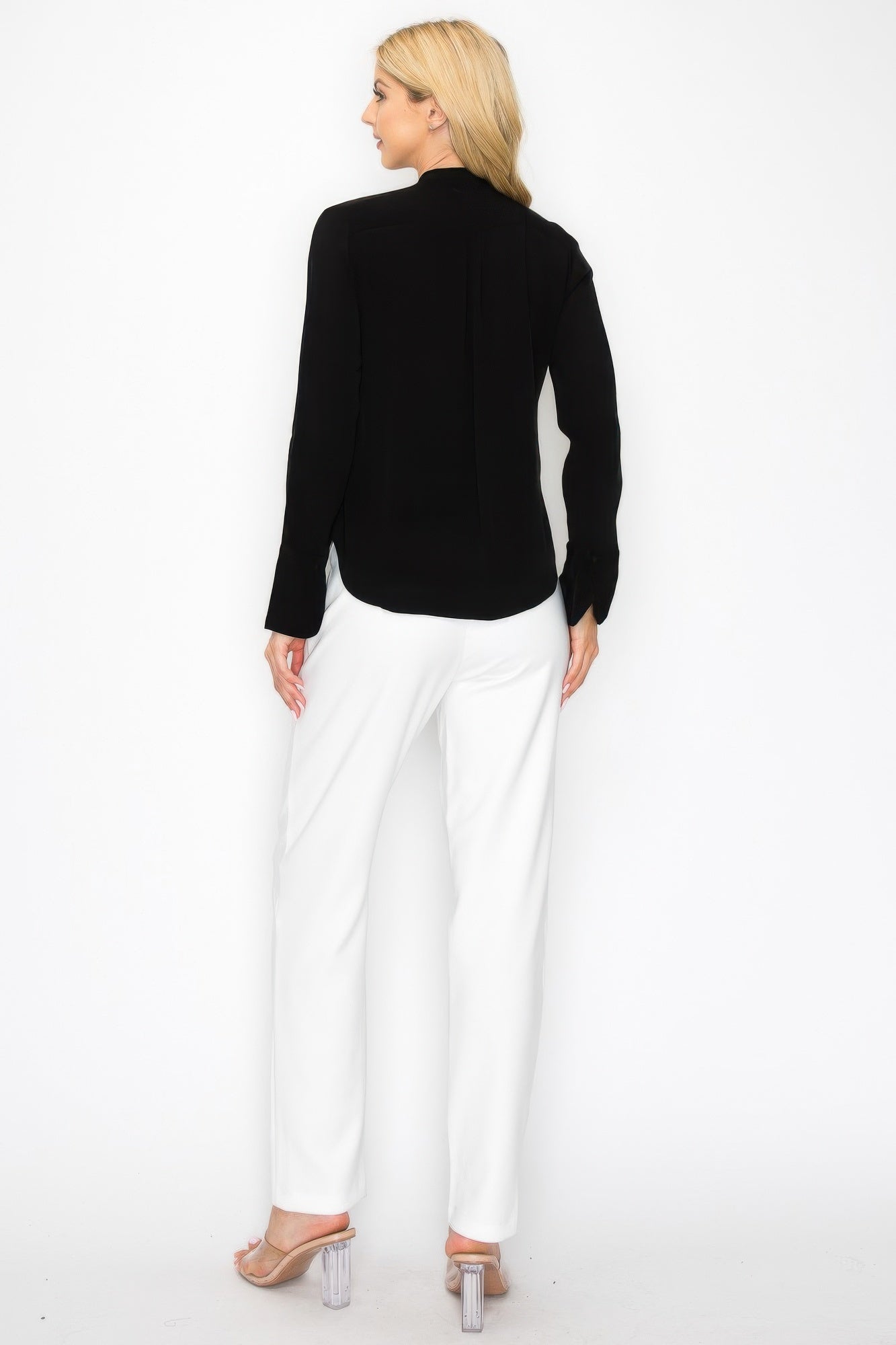 Ruffle Detail Front Tie V-neck Long Sleeve Blouse - Tigbul's Variety Fashion Shop