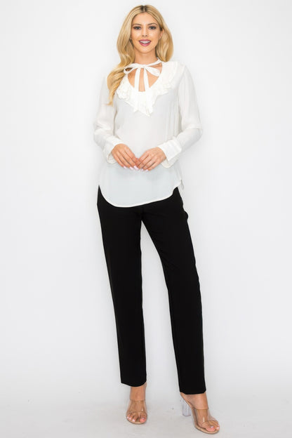 Ruffle Detail Front Tie V-neck Long Sleeve Blouse - Tigbul's Variety Fashion Shop