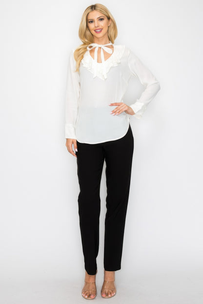 Ruffle Detail Front Tie V-neck Long Sleeve Blouse - Tigbul's Variety Fashion Shop