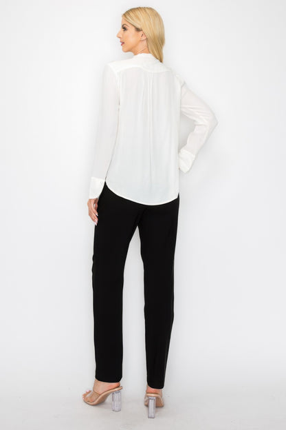 Ruffle Detail Front Tie V-neck Long Sleeve Blouse - Tigbul's Variety Fashion Shop