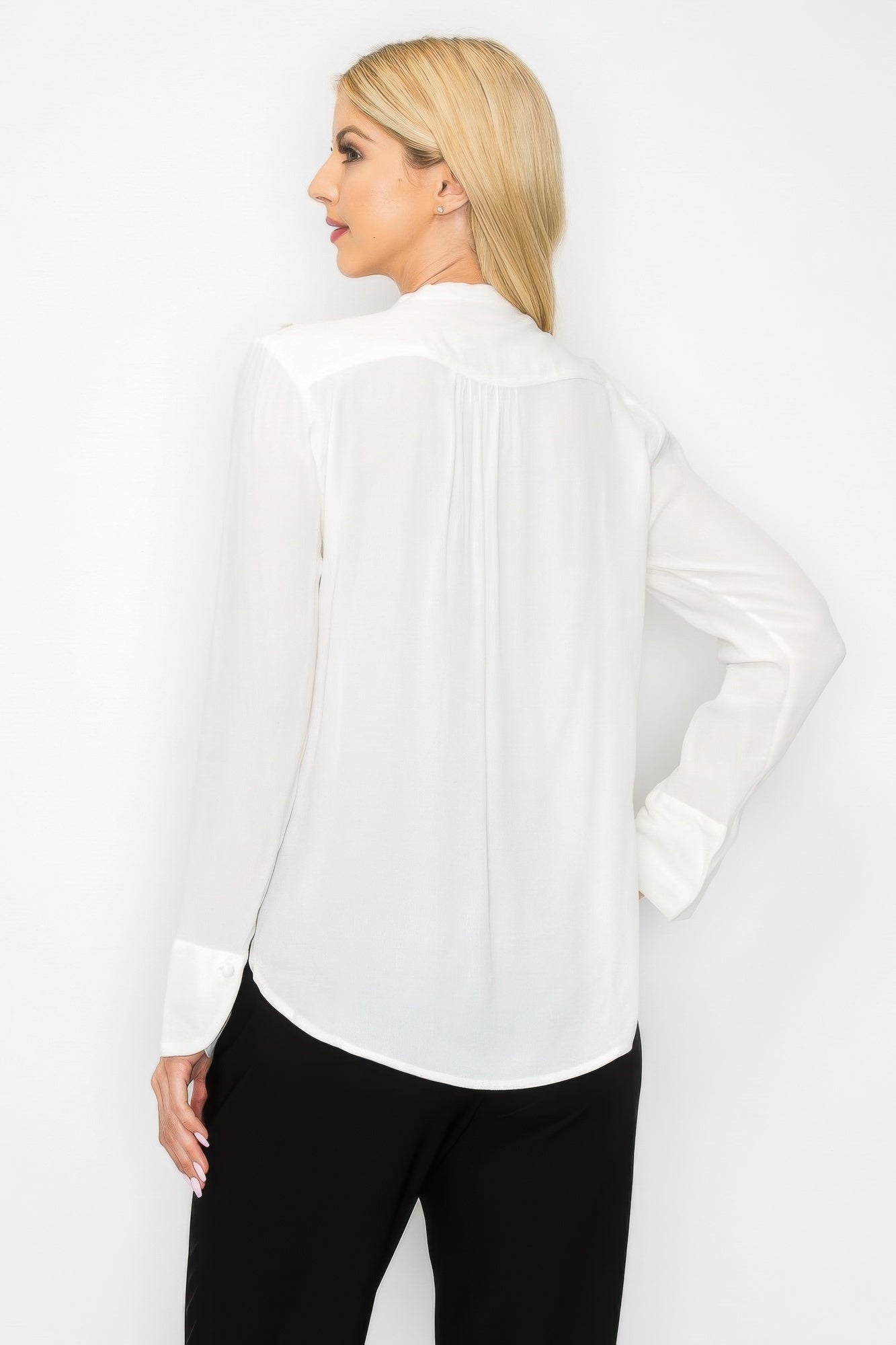 Ruffle Detail Front Tie V-neck Long Sleeve Blouse - Tigbul's Variety Fashion Shop