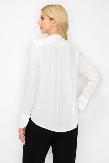 Ruffle Detail Front Tie V-neck Long Sleeve Blouse - Tigbul's Variety Fashion Shop