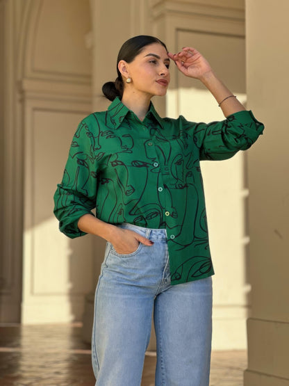 Face Print Long Sleeve Button Down Blouse - Tigbul's Variety Fashion Shop