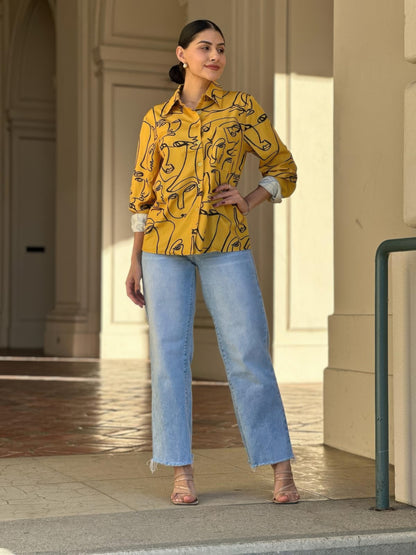 Face Print Long Sleeve Button Down Blouse - Tigbul's Variety Fashion Shop