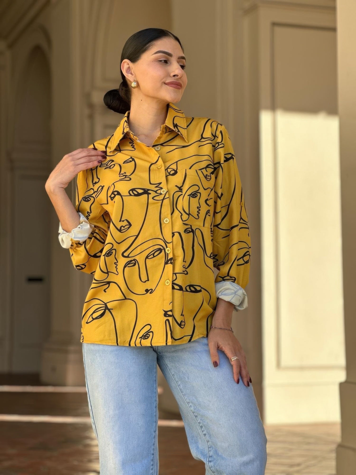 Face Print Long Sleeve Button Down Blouse - Tigbul's Variety Fashion Shop