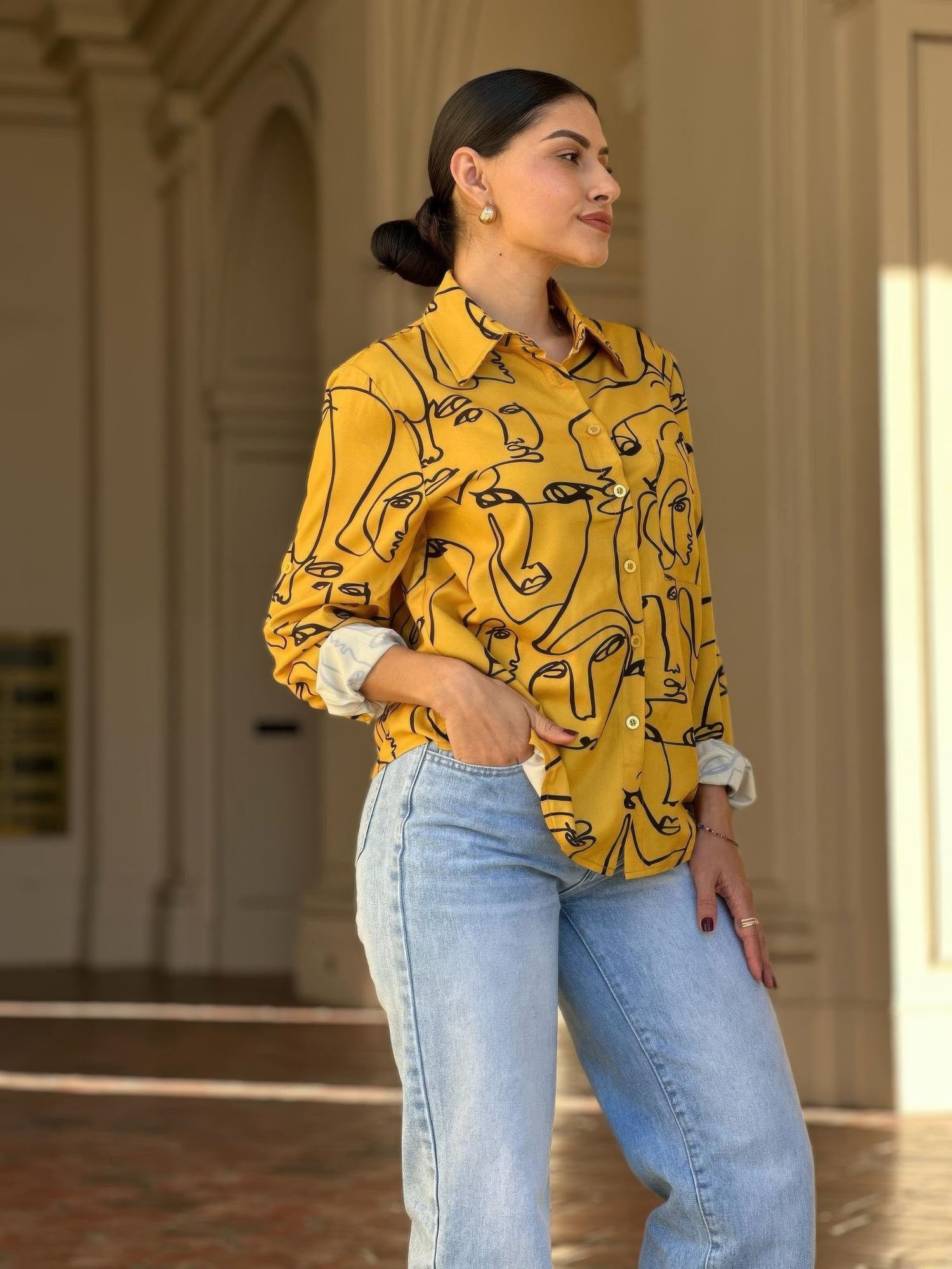 Face Print Long Sleeve Button Down Blouse - Tigbul's Variety Fashion Shop