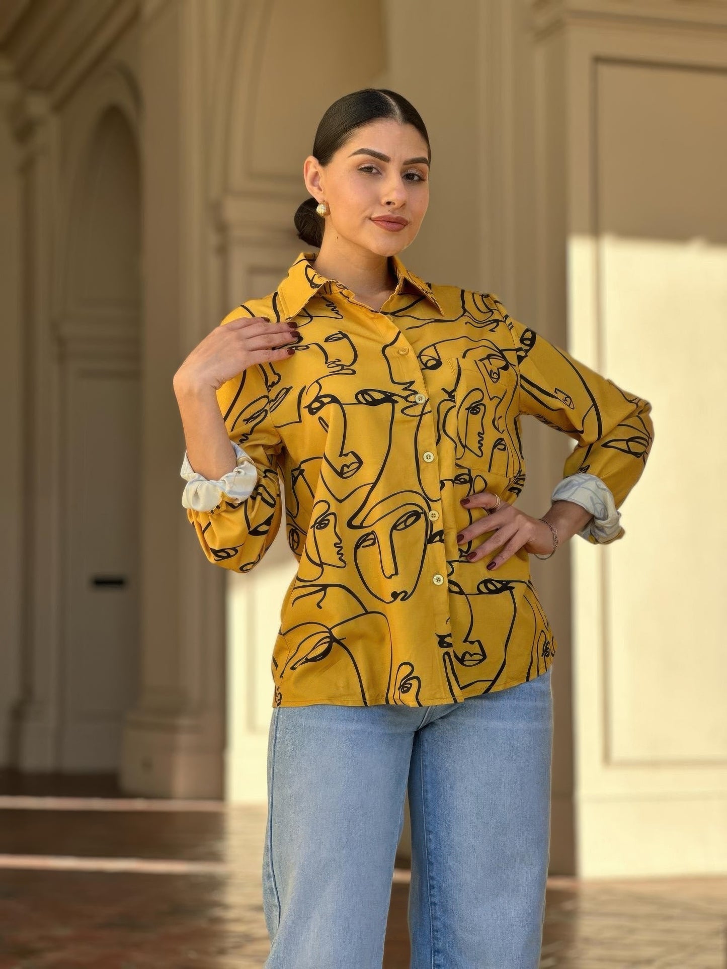 Face Print Long Sleeve Button Down Blouse - Tigbul's Variety Fashion Shop