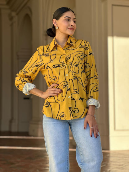 Face Print Long Sleeve Button Down Blouse - Tigbul's Variety Fashion Shop