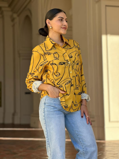 Face Print Long Sleeve Button Down Blouse - Tigbul's Variety Fashion Shop