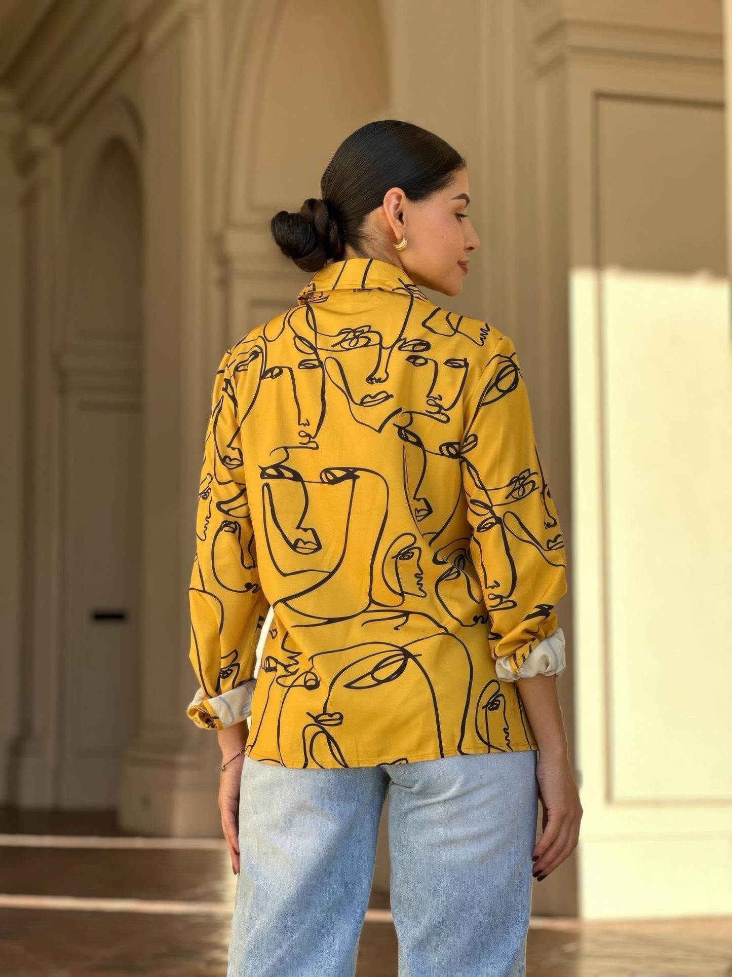 Face Print Long Sleeve Button Down Blouse - Tigbul's Variety Fashion Shop