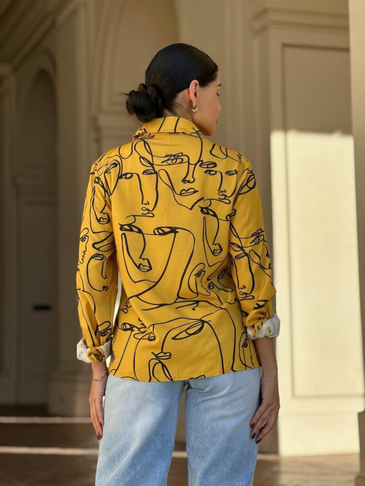 Face Print Long Sleeve Button Down Blouse - Tigbul's Variety Fashion Shop