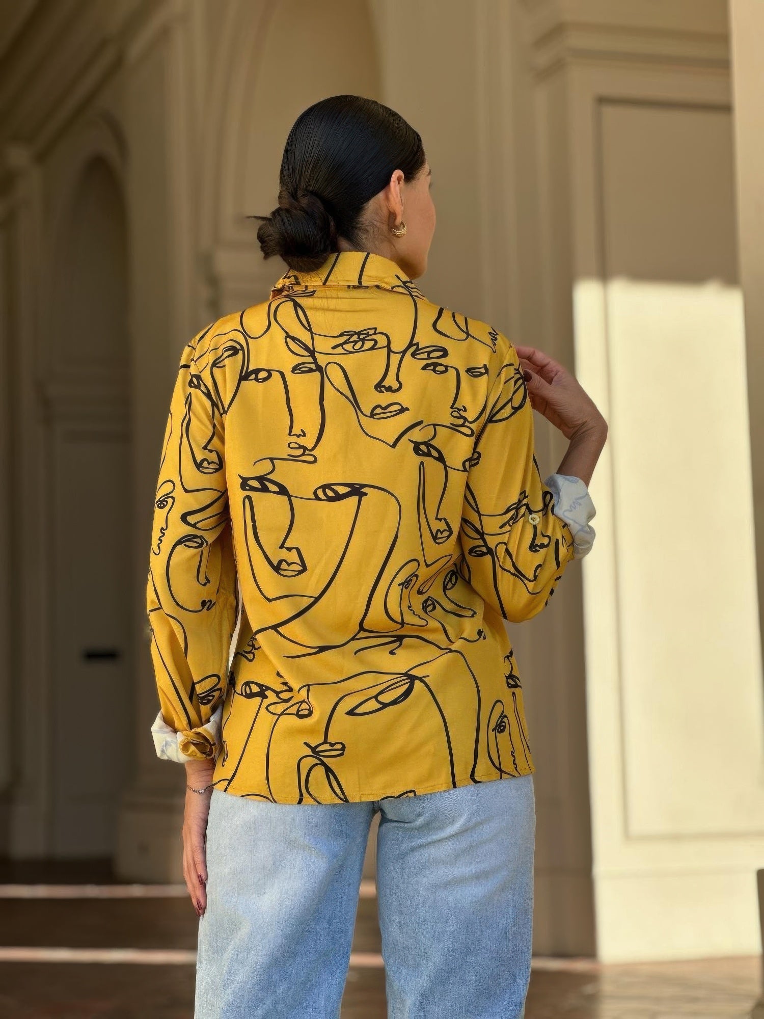 Face Print Long Sleeve Button Down Blouse - Tigbul's Variety Fashion Shop