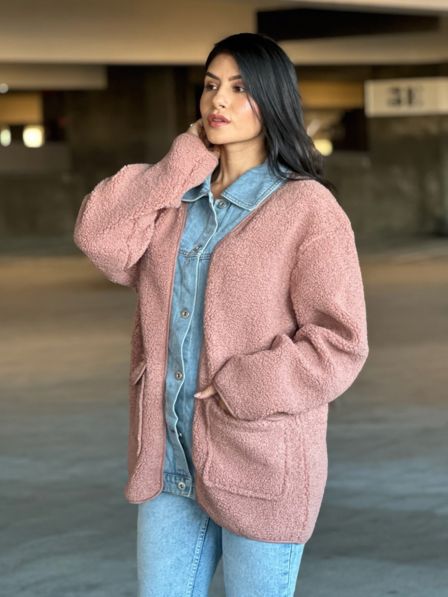 Teddy Fleece & Denim Jacket With Square Pockets - Tigbul's Variety Fashion Shop